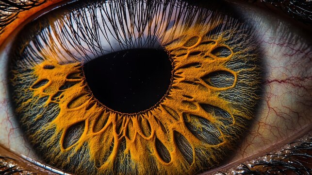 Iris furrows macro extreme close-up photography showing detailed amber colored radial patterns with natural eye anatomy structures