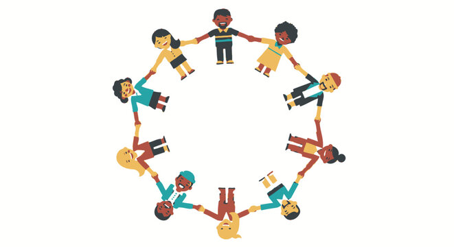 Diverse group of children holding hands in a circle together outdoors