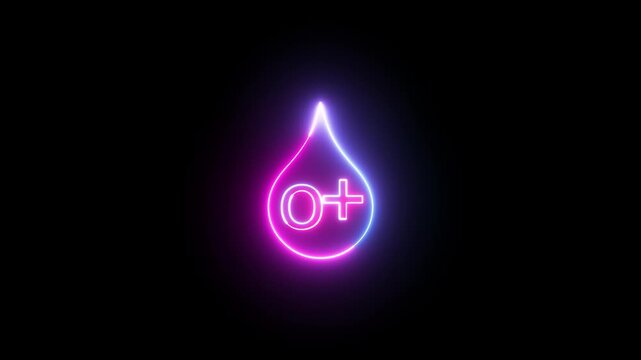Glowing neon drop icon with O+ blood type symbol, medical concept