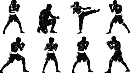 Boxing silhouettes, martial arts poses, combat stances, fighter illustration, punching kicking movements, dynamic sports vector, training design, athletic body language composition © Saifun