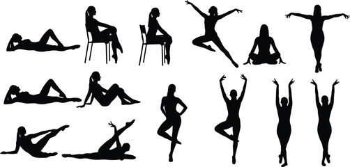 Silhouette poses, human movement, dance positions, meditation illustration, seated figure, reclining posture, artistic vector, lifestyle design, body language composition © Saifun