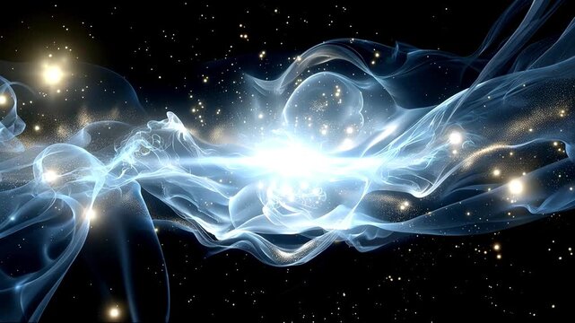 Abstract seamless loop showing neon light paths and vivid particles rotating around a central glow, symbolizing cosmic energy, futuristic motion, and digital dynamics.