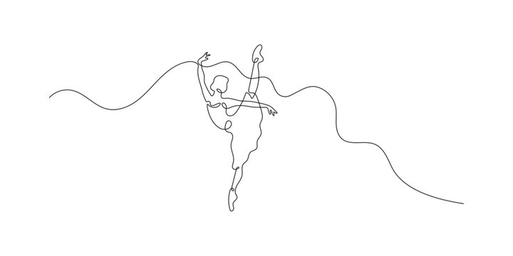 A graceful ballerina performs a dynamic and elegant high kick, captured in a fluid continuous one-line art style, conveying movement and artistic expression on a clean white background.