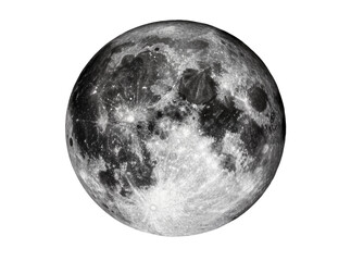 Isolated detailed full moon with visible craters, rugged terrain, and dark lunar maria © Niamh