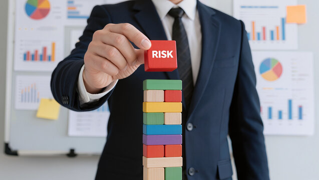 Businessman Places Red 'Risk' Block on Unstable Tower of Wooden Blocks