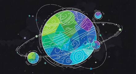 Colorful abstract planet with orbiting moons and geometric lines. © Kangmas