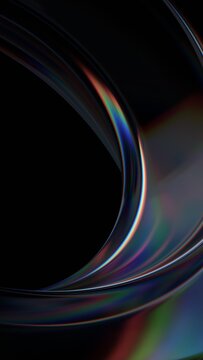 Abstract minimalist glass shape on a black background with color refraction effect, vertical 3d render