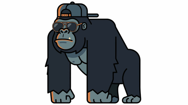 A cool cartoon gorilla wearing a backward baseball cap and stylish sunglasses, standing upright.