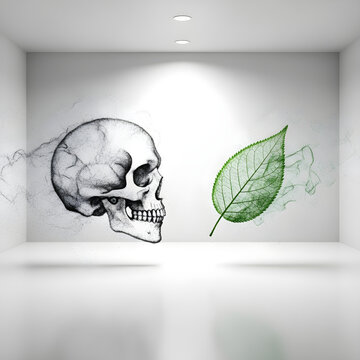 Environmental Ethics for Climate Awareness showing a Contrast between a Human Skull and a Green Leaf