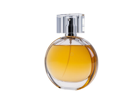 Isolated elegant luxury fragrance perfume bottle with golden liquid and clear glass cap and sprayer.