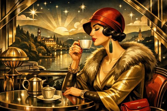 Elegant woman enjoying coffee.