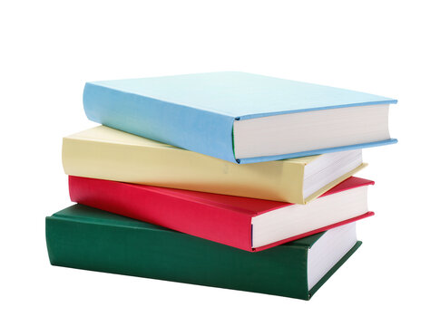 Isolated stack of four colorful hardcover books with different colors, educational resources.