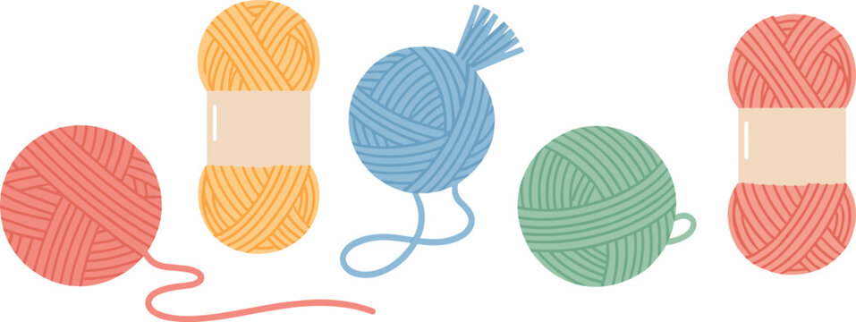 Colorful yarn ball vector set in red, orange, yellow, green, and blue for craft and knitting designs.