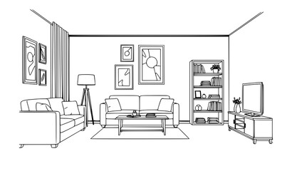 Modern living room interior black and white line art vector with sofa furniture and decor in clean outline style © Mithun