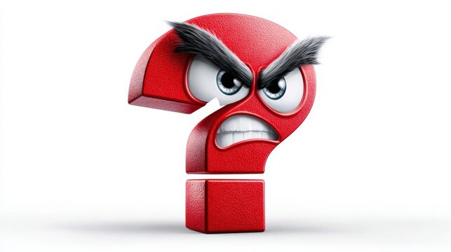 Red question mark character with angry expression on white