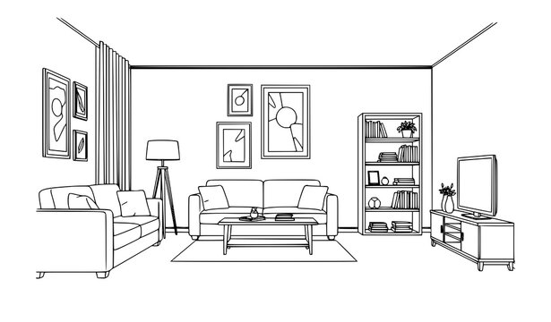 Modern living room interior black and white line art vector with sofa furniture and decor in clean outline style