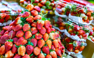 Fresh strawberries put out for sale in a grocery store