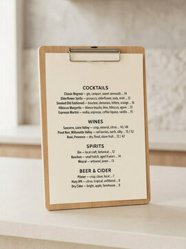 Bar menu on clipboard displaying cocktails, wines, spirits, and drinks  