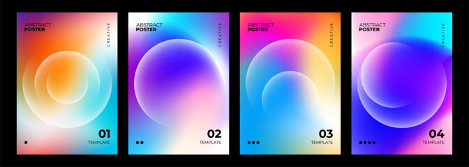 Naklejka na ściany i meble Set of futuristic abstract posters. Bright blurred gradients and defocused white spheres for creative graphic design. Vector illustration.