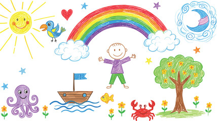 Fototapeta premium Vector illustration of cheerful children’s rainbow scene with sun, moon, sea animals and nature elements