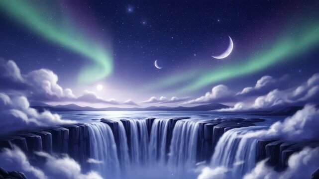 Digitally Painted Depiction Of Beautiful Nightscape Featuring Cascading Waterfall With The Northern Lights Dancing Across The Starry Sky Moonlit Atmosphere For Digital Art Print Appl