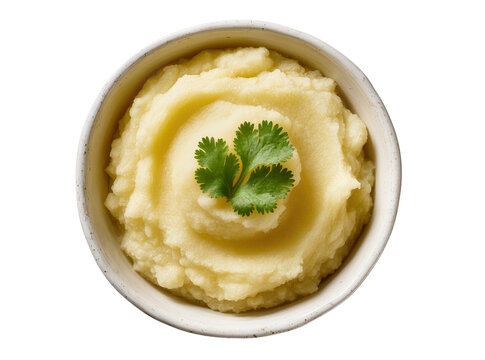 Isolated bowl of smooth mashed potatoes with green cilantro garnish, a comforting side dish