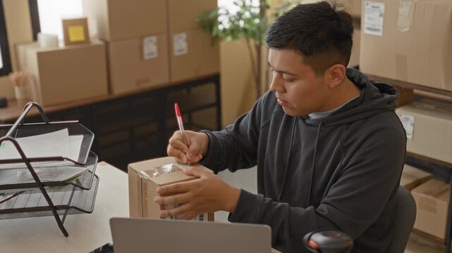 Man writes label on parcel with red pen at laptop desk, hands holding package amid stacked cardboard boxes and organizer trays in building; focused small business shipping.