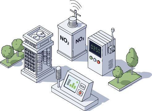Isometric Illustration of Air Quality Monitoring Technology and NO2 Emission Sensors for Environmental Research