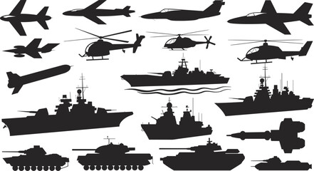 Military vehicles silhouette set vector illustration army aircraft helicopter warship tank defense equipment collection isolated black combat transport design © Jannatun