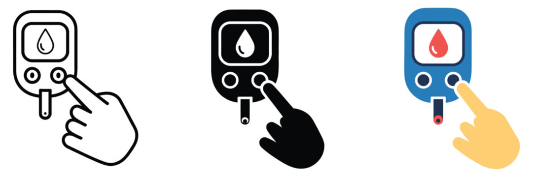 Blood sugar test icon set, diabetic patient sugar level testing symbol, high or low blood sugar test device vector sign, clean and modern illustrations for medical apps, healthcare dashboards, and pat