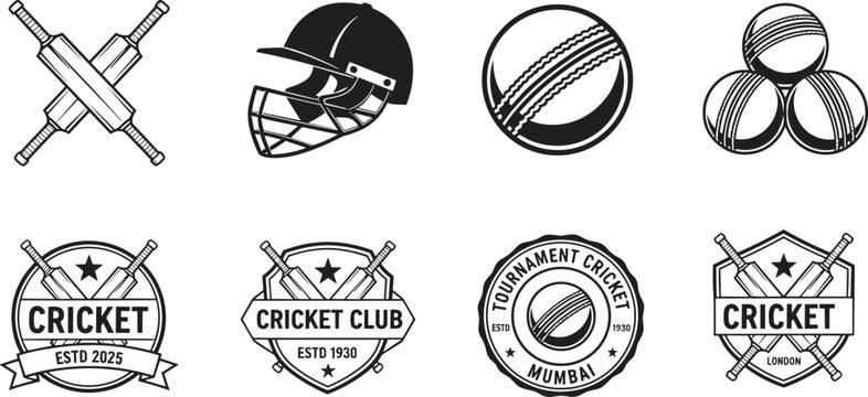 Vector illustration of cricket icons and badge designs with bats, balls, helmets and club emblems