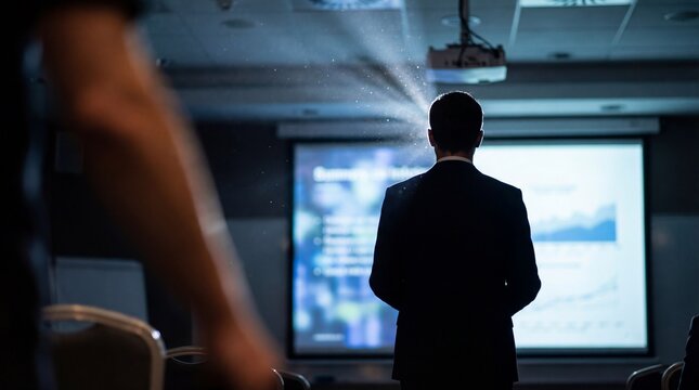Silhouette of businessman giving professional presentation in dark conference room photography