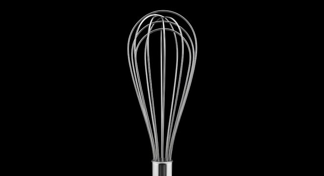Essential stainless steel kitchen whisk, an indispensable culinary tool for mixing ingredients, beating eggs, and aerating sauces, captured against a dramatic dark background