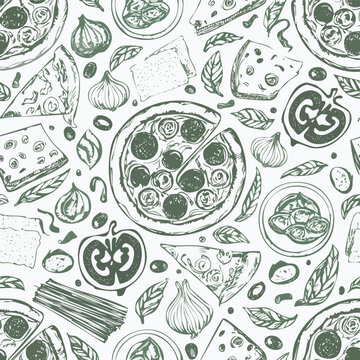 Green food pattern featuring pizza ingredients and culinary elements