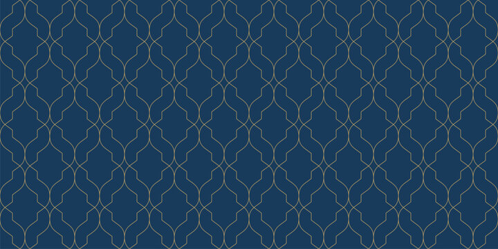 Vector abstract geometric seamless pattern in oriental arabesque style. Elegant dark blue background with gold curved lines, lattice, grid. Luxury ornament texture. Repeat design for decor, wallpaper