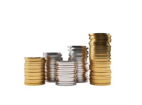 Isolated stacks of shiny gold and silver coins symbolizing financial success and increasing wealth