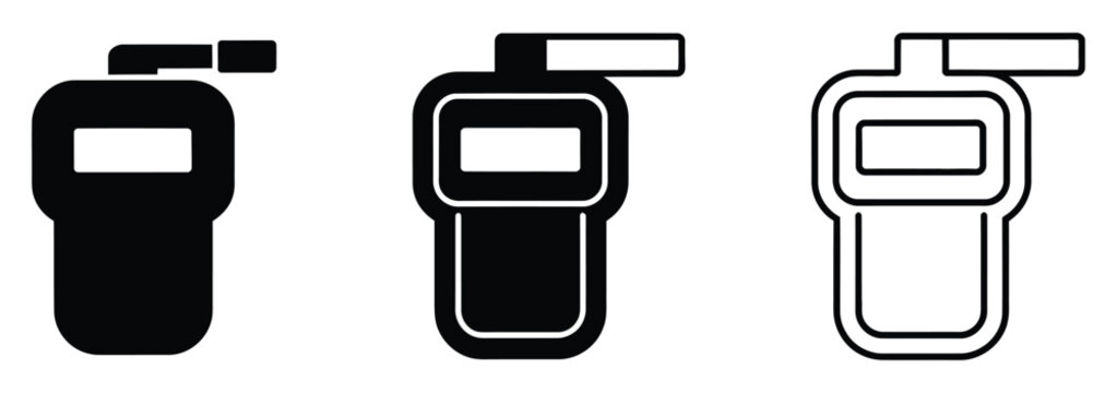 Breathalyzer or alcohol tester device icon set, clean vector collection featuring handheld devices, digital displays, and measurement symbols, perfect for safety apps, law enforcement materials, 