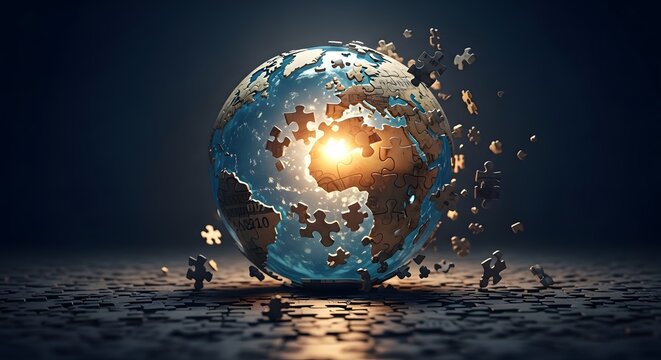 Fractured World Globe Puzzle Pieces Breaking Apart with Light Shining Through Representing Global Issues and Disconnection