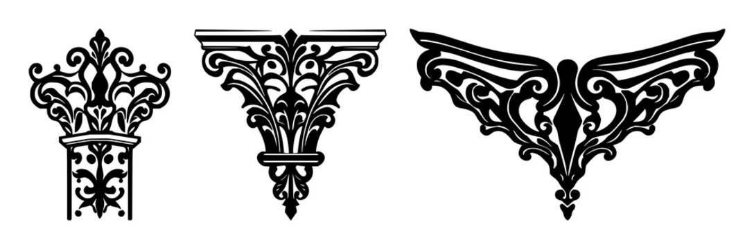 Corbel set with ornate black line art silhouette against white background featuring ornamental stonework, architectural detail, Gothic motif with silhouette and architectural element.
