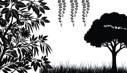 Vector illustration of black and white nature silhouette with tree, grass, foliage, and hanging vines © Mossadessur Rahman
