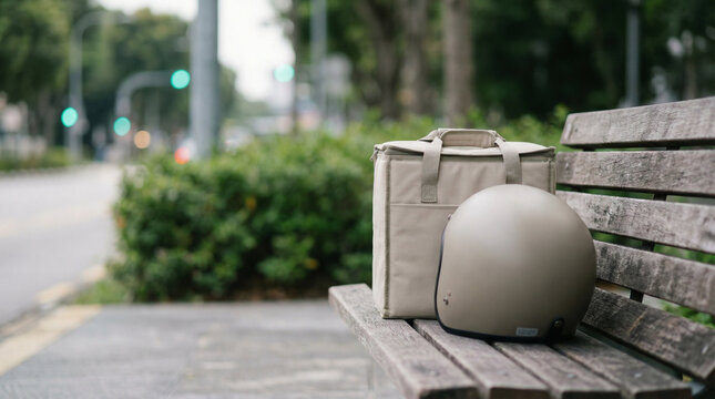 Delivery bag and helmet placed on wooden bench next to roadside, indicating rest stop for courier service, highlighting urban delivery context.