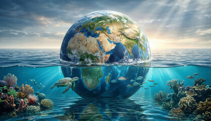 Fototapeta premium Our Blue Planet A Symbolic Depiction of Earth's Delicate Balance, Unveiling Vibrant Underwater Ecosystems and the Crucial Need for Environmental Conservation