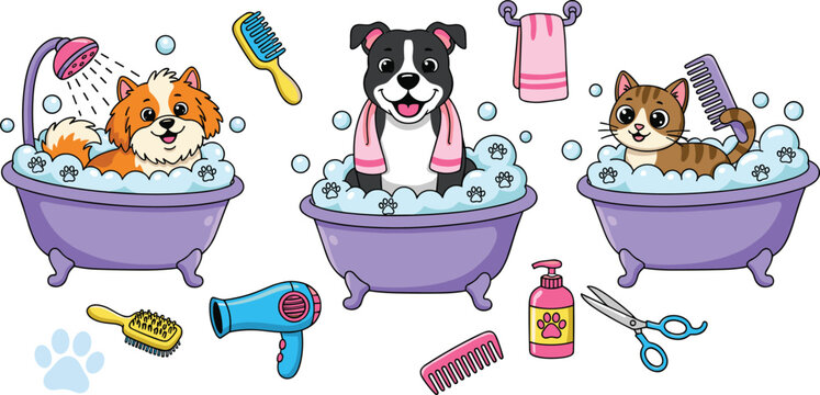 Vector illustration of cartoon dogs and cat taking baths with grooming accessories and bubbles