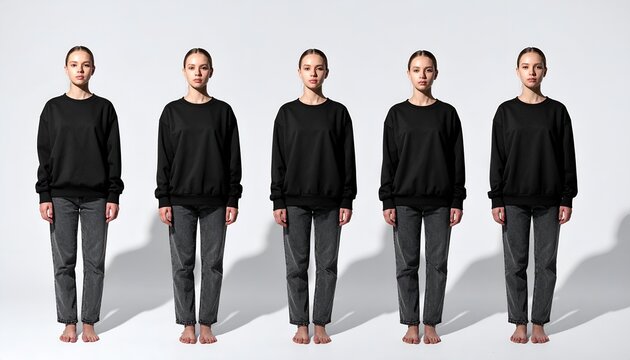 Five identical young women in black sweatshirts and grey jeans, standing barefoot with shadows