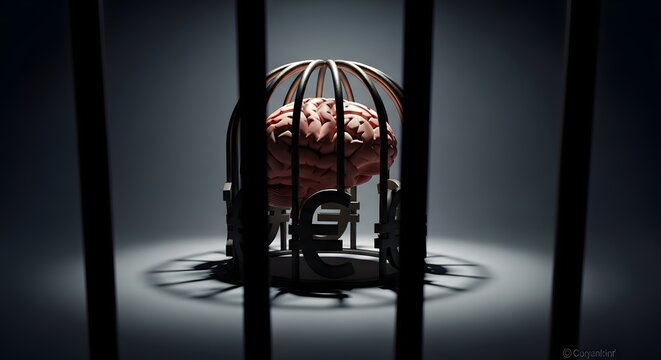 Symbolic image of a brain in a cage with euro symbols, representing financial constraints on intelligence