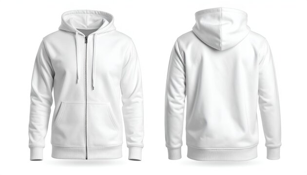 Blank White Zip-Up Hoodie Displayed Front and Back on White Background, Ideal for Mockups