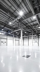 Fototapeta premium Vast, clean industrial space with polished floor and metal beam ceiling, lit brightly