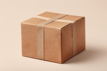 Fototapeta premium Eco-friendly packaging of a brown cardboard box with a decorative ribbon isolated on a neutral beige background
