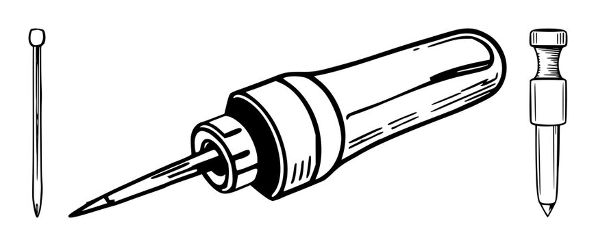 Peg reamer tools set with black line art on white background featuring peg reamer, precision tools, metalworking with technical illustration and minimalism