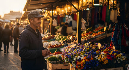 Naklejka premium A man stands at an outdoor market surrounded by vibrant flowers and fresh produce at sunset